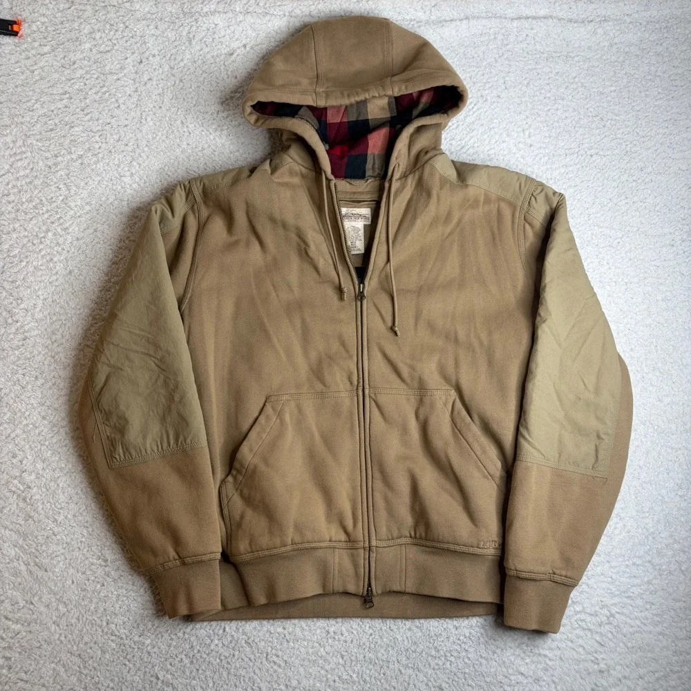 LL Bean Katahdin Iron Works Hoodie Mens Medium Tan Plaid flannel Lined Full Zip